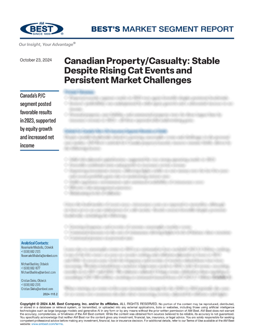 Market Segment Report: Canadian Property/Casualty: Stable Despite Rising Cat Events and Persistent Market Challenges