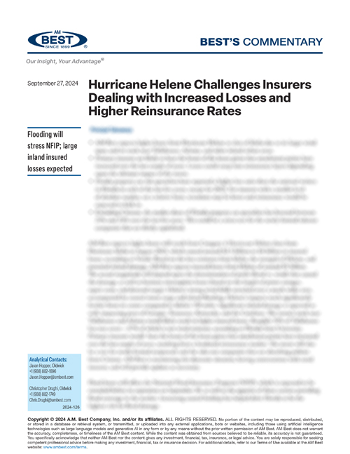 Best's Commentary: Hurricane Helene Challenges Insurers Dealing With Increased Losses and Higher Reinsurance Rates
