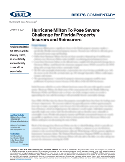 Commentary: Hurricane Milton To Pose Severe Challenge for Florida Property  Insurers and Reinsurers