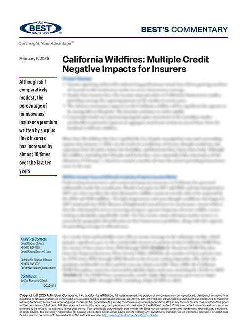 Commentary: California Wildfires: Multiple Credit Negative Impacts for Insurers