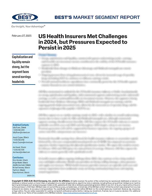 Market Segment Report: US Health Insurers Met Challenges in 2024, but Pressures Expected to Persist in 2025