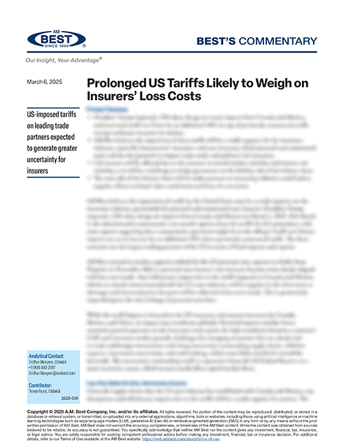 Commentary: Prolonged US Tariffs Likely to Weigh on Insurers’ Loss Costs
