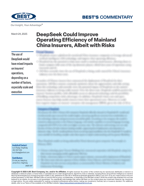Commentary: DeepSeek Could Improve Operating Efficiency of Mainland China Insurers, Albeit with Risks