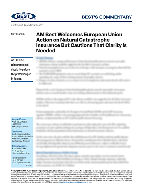 Commentary: AM Best Welcomes European Union Action on Natural Catastrophe Insurance But Cautions That Clarity is Needed