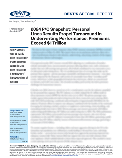 Special Report: 2024 P/C Snapshot: Personal Lines Results Propel Turnaround in Underwriting Performance; Premiums Exceed $1 Trillion
