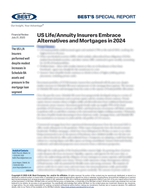 Special Report: US Life/Annuity Insurers Embrace Alternatives and Mortgages in 2024