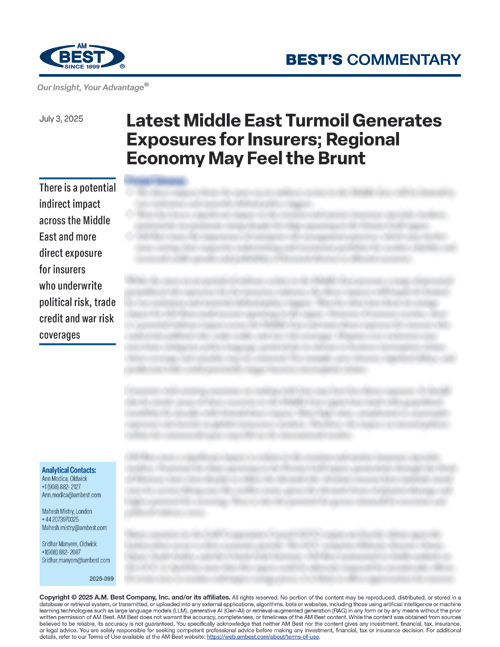 Commentary: Latest Middle East Turmoil Generates Exposures for Insurers; Regional Economy May Feel the Brunt