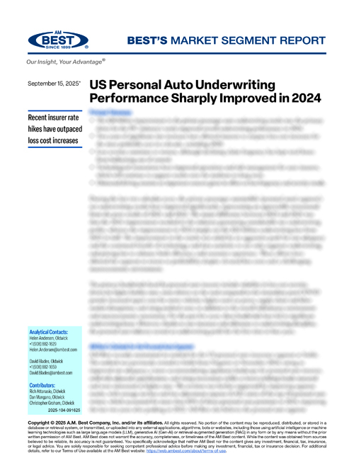 Market Segment Report: US Personal Auto’s 2024 Underwriting Performance Markedly Improves