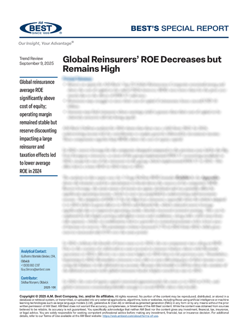 Special Report: Global Reinsurers’ ROE Decreases but Remains High