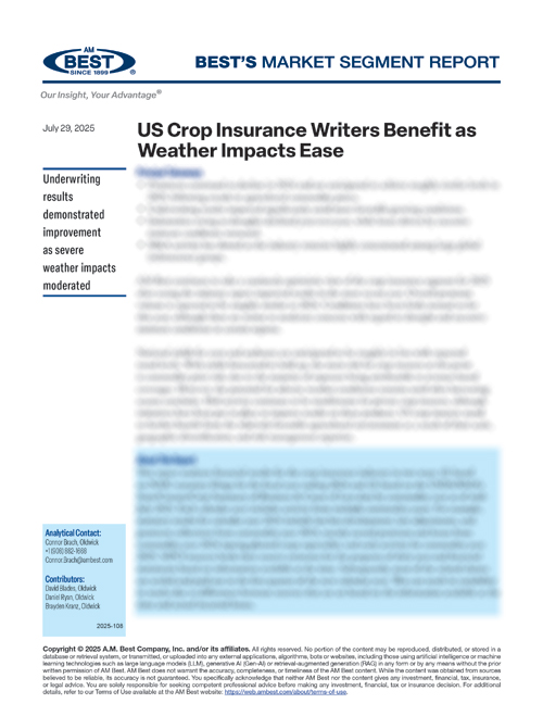 Market Segment Report: US Crop Insurance Writers Benefit as Weather Impacts Ease
