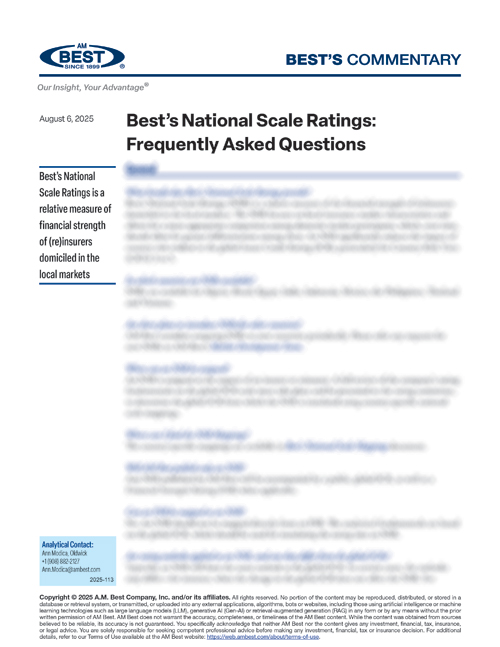 Commentary: Best’s National Scale Ratings: Frequently Asked Questions