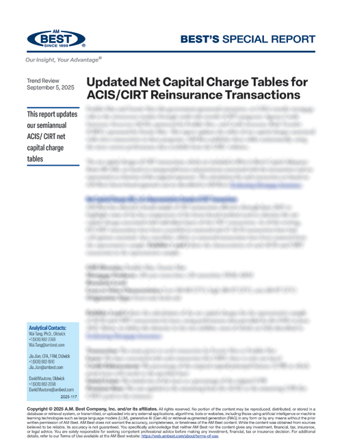Special Report: Updated Net Capital Charge Tables for ACIS/CIRT Reinsurance Transactions