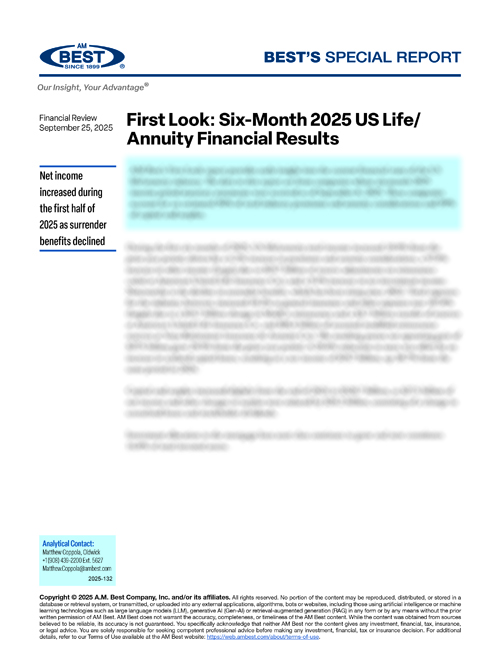 Special Report: First Look: Six-Month 2025 US Life/Annuity Financial Results