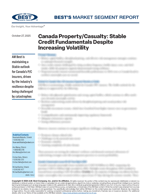 Market Segment Report: Canada Property/Casualty: Stable Credit Fundamentals Despite Increasing Volatility