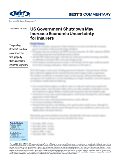 Commentary: US Government Shutdown May Increase Economic Uncertainty for Insurers