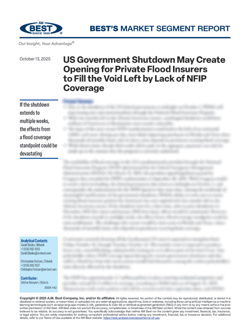 Market Segment Report: US Government Shutdown May Create Opening for Private Flood Insurers to Fill the Void Left by Lack of NFIP Coverage