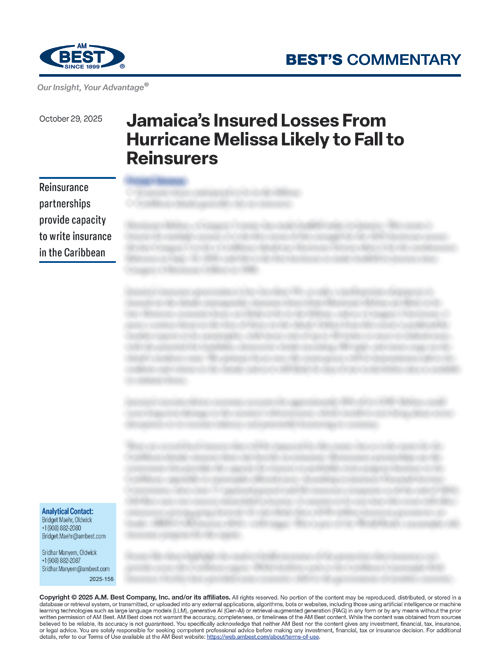 Commentary: Jamaica’s Insured Losses From Hurricane Melissa Likely to Fall to Reinsurers
