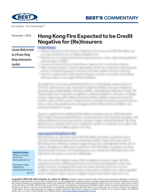 Commentary: Hong Kong Fire Expected to be Credit Negative for (Re)Insurers
