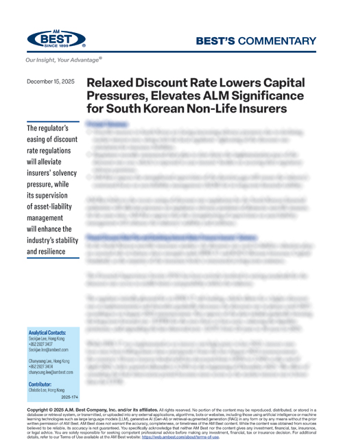Commentary: Relaxed Discount Rate Lowers Capital Pressures, Elevates ALM Significance for South Korean Non-Life Insurers