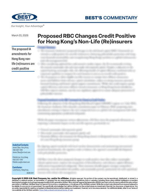 Commentary: Proposed RBC Changes Credit Positive for Hong Kong’s Non-Life (Re)insurers