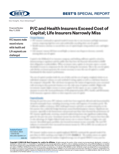 Special Report: P/C and Health Insurers Exceed Cost of Capital; Life Insurers Narrowly Miss