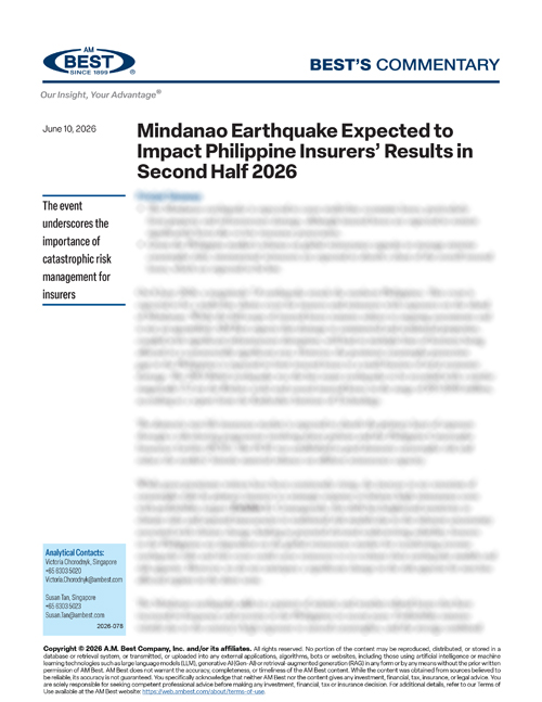 Commentary: Mindanao Earthquake Expected to Impact Philippine Insurers’ Results in Second Half 2026