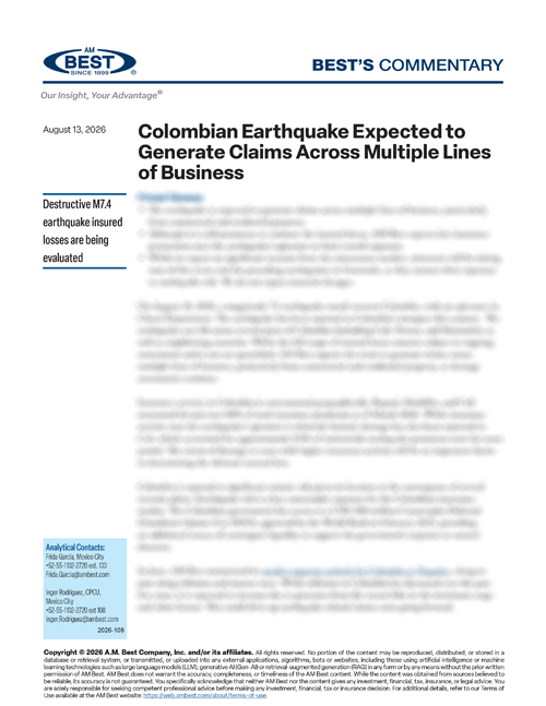 Commentary: Colombian Earthquake Expected to Generate Claims Across Multiple Lines of Business