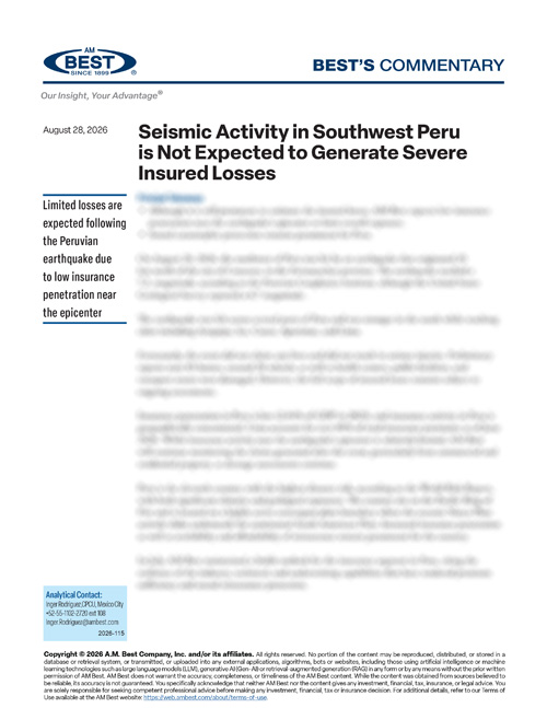 Commentary: Seismic Activity in Southwest Peru is Not Expected to Generate Severe Insured Losses