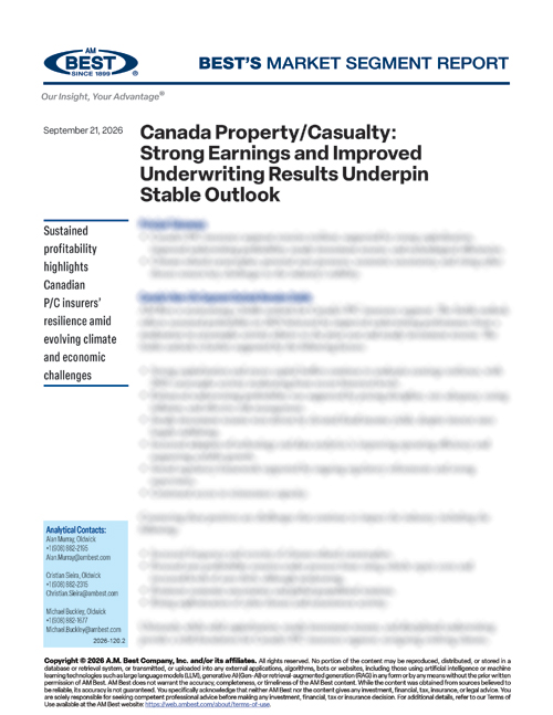 Market Segment Report: Canada Property/Casualty: Strong Earnings and Improved Underwriting Results Underpin Stable Outlook