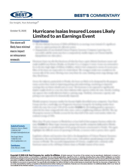 Commentary: Hurricane Isaias Insured Losses Likely Limited to an Earnings Event