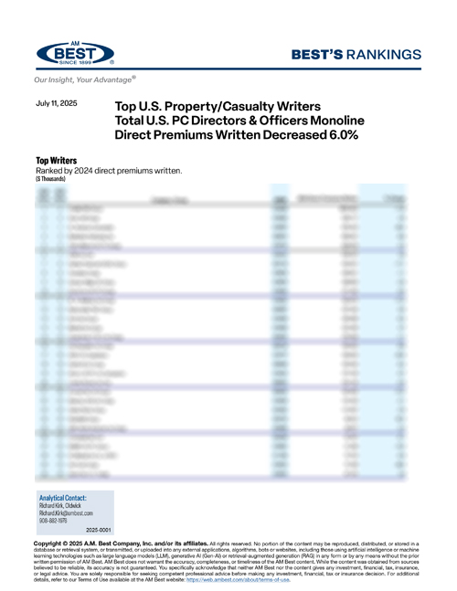 2025 Best's Rankings: Top U.S. Property/Casualty Writers – Total U.S. PC Directors & Officers Monoline Direct Premiums Written Decreased 6.0%