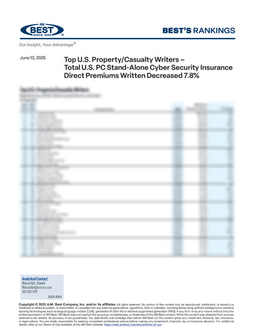 2025 Best's Rankings: Top U.S. Property/Casualty Writers – Total U.S. PC Stand-Alone Cyber Security Insurance Direct Premiums Written Decreased 7.8%