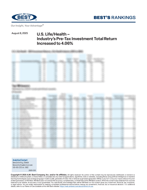 2025 Best's Rankings: U.S. Life/Health – Industry’s Pre-Tax Investment Total Return Increased to 4.06%