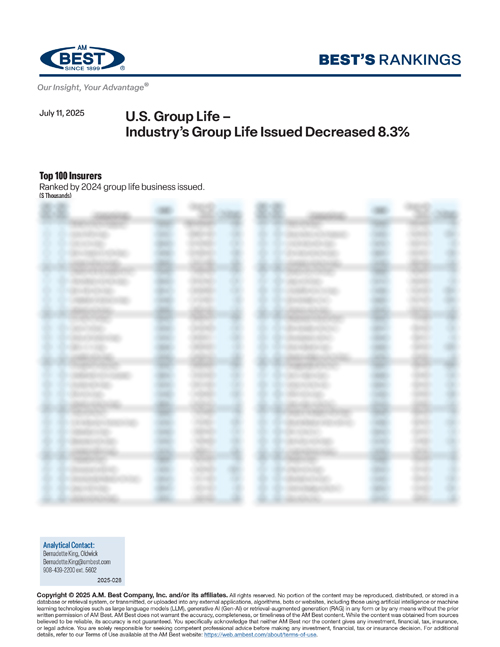 2025 Best's Rankings: U.S. Group Life – Industry’s Group Life Issued Decreased 8.3%