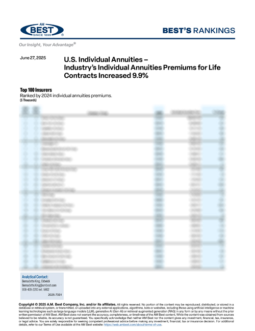 2025 Best's Rankings: U.S. Individual Annuities – Industry’s Individual Annuities Premiums for Life Contracts Increased 9.9%