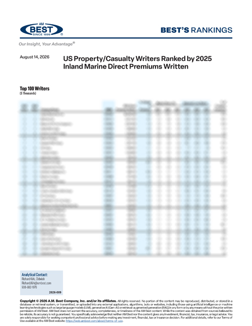 2026 Best's Rankings: US Property/Casualty Writers Ranked by 2025 Inland Marine Direct Premiums Written