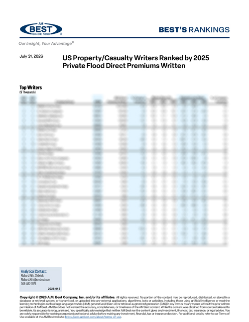 2026 Best's Rankings: US Property/Casualty Writers Ranked by 2025 Private Flood Direct Premiums Written