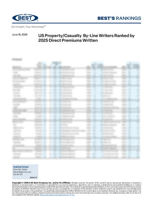 2026 Best's Rankings: US Property/Casualty By-Line Writers Ranked by 2025 Direct Premiums Written