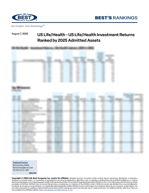 2026 Best's Rankings: US Life/Health - US Life/Health Investment Returns Ranked by 2025 Admitted Assets