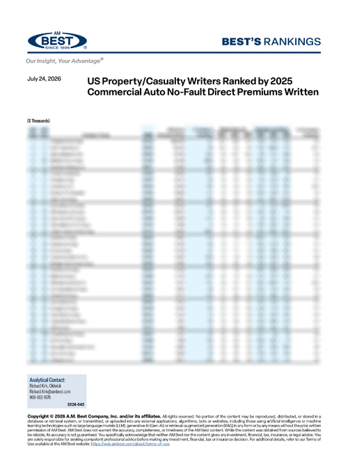 2026 Best's Rankings: US Property/Casualty Writers Ranked by 2025 Commercial Auto No-Fault Direct Premiums Written