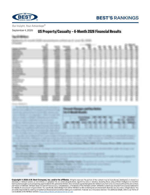 2026 Best's Rankings: US Property/Casualty – 6-Month 2026 Financial Results