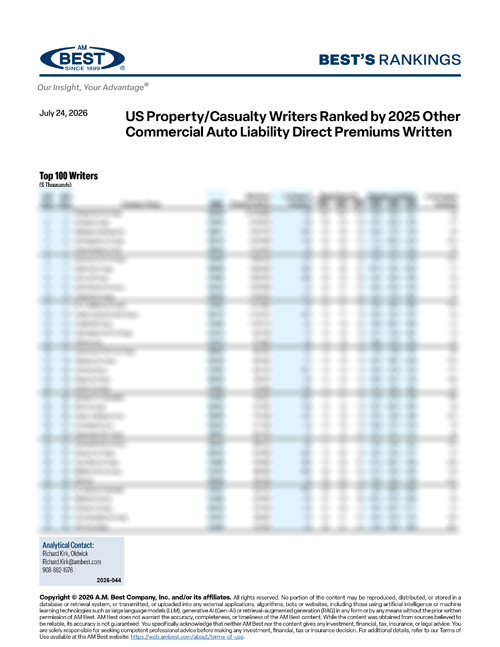 2026 Best's Rankings: US Property/Casualty Writers Ranked by 2025 Other Commercial Auto Liability Direct Premiums Written
