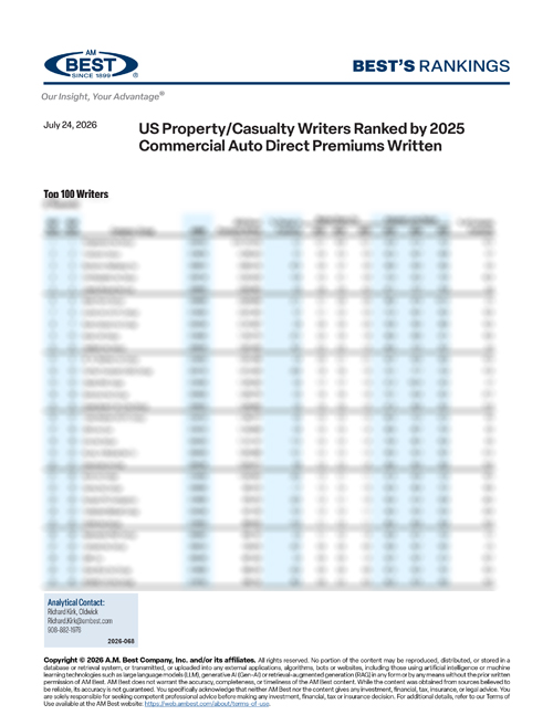 2026 Best's Rankings: US Property/Casualty Writers Ranked by 2025 Commercial Auto Direct Premiums Written
