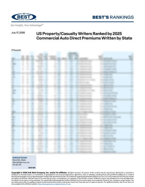 2026 Best's Rankings: US Property/Casualty Writers Ranked by 2025 Commercial Auto Direct Premiums Written by State