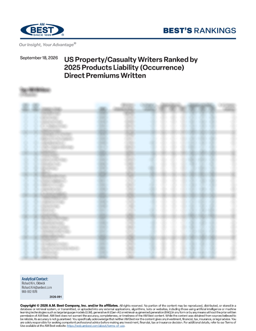 2026 Best's Rankings: US Property/Casualty Writers Ranked by 2025 Products Liability (Occurrence) Direct Premiums Written
