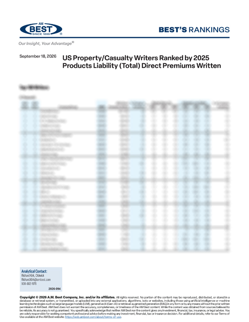 2026 Best's Rankings: US Property/Casualty Writers Ranked by 2025 Products Liability (Total) Direct Premiums Written